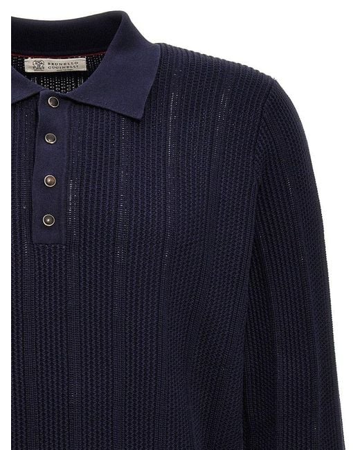 Brunello Cucinelli Blue Knitted Shirt Polo for men