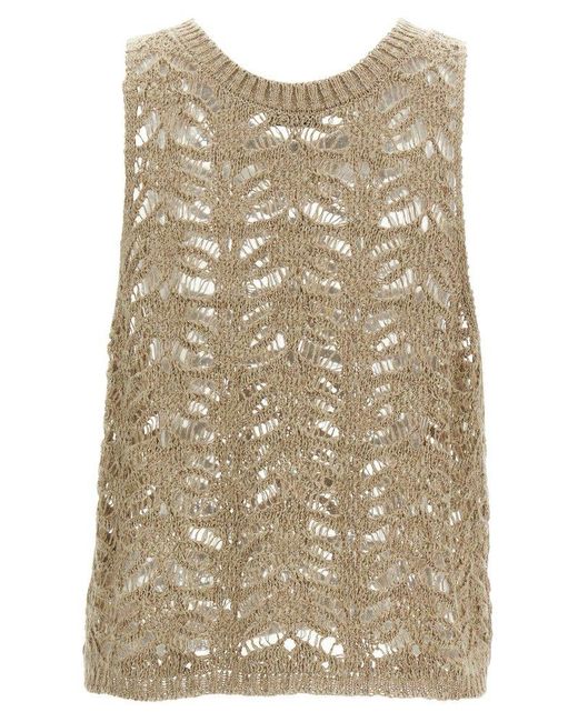 Brunello Cucinelli Natural Openwork Knitted Sleeveless Top