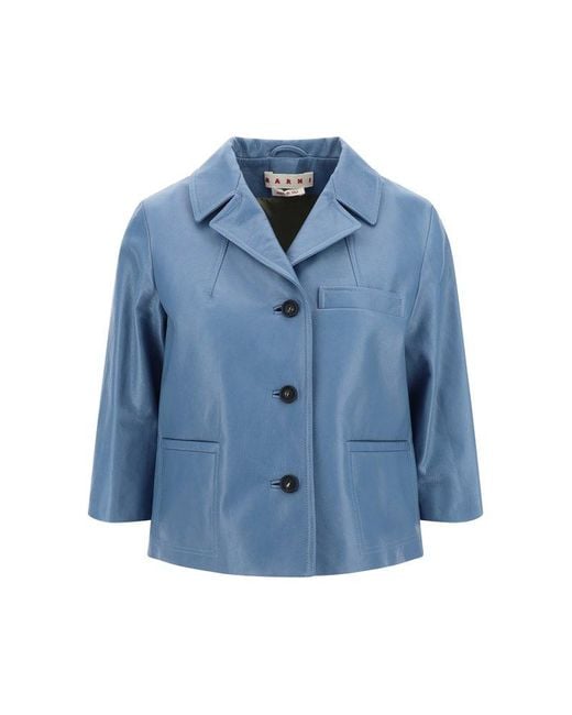 Marni Blue Cropped-sleeved Buttoned Leather Jacket