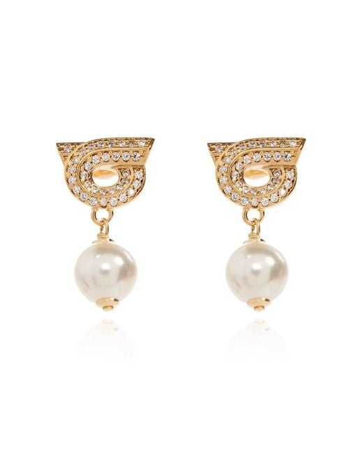 Ferragamo Metallic Gancini Pearl Drop Earrings