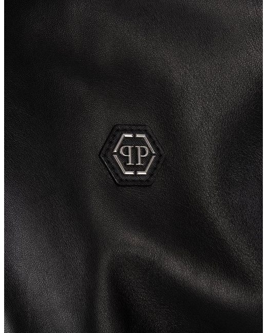 Philipp Plein Black Leather Bomber Jacket With Pp Hexagon for men