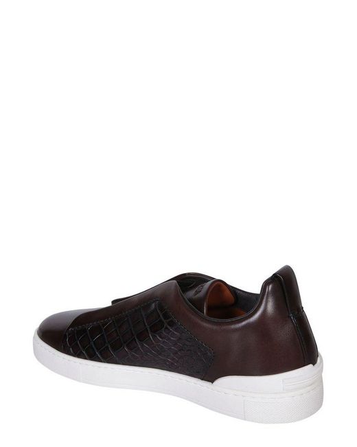 Zegna Black Triple Stitch Embossed Low-top Sneakers for men