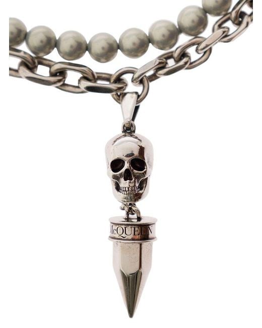 Alexander McQueen Metallic Silver Double-layered Chain Necklace With Pearls And Skull Charm In Brass for men