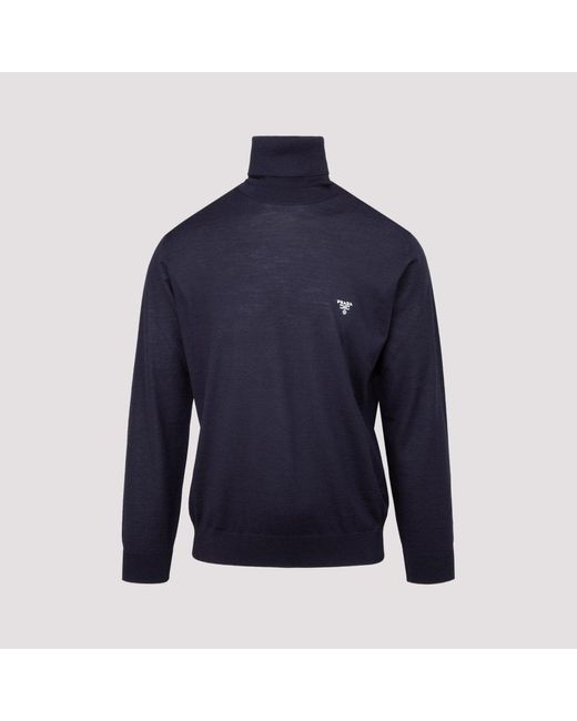 Prada Blue Logo Fine-knit Turtleneck Jumper for men