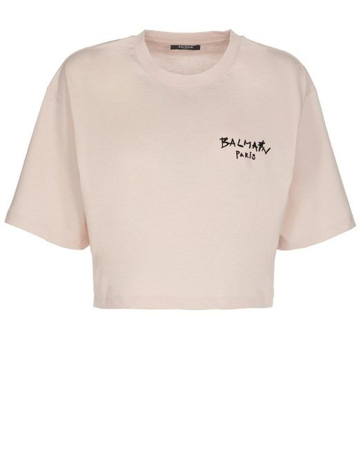 Balmain Cotton Crewneck Cropped T-shirt in Pink | Lyst Canada