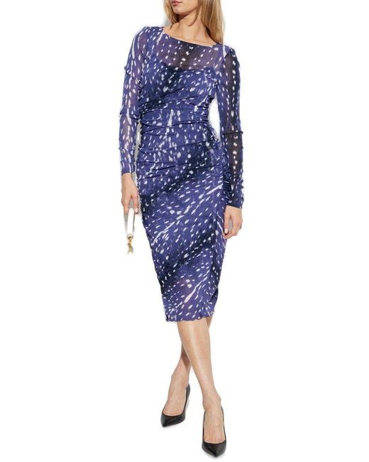 Diane von Furstenberg Blue Ruched Long-Sleeved Midi Dress