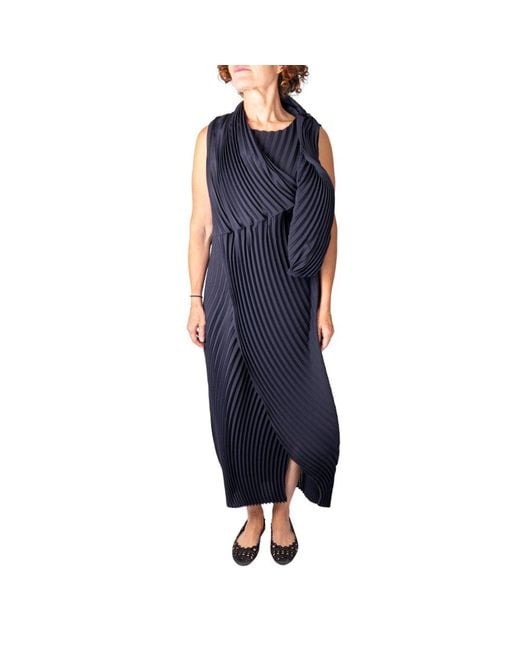Issey Miyake Blue Pleated Asymmetric Maxi Dress