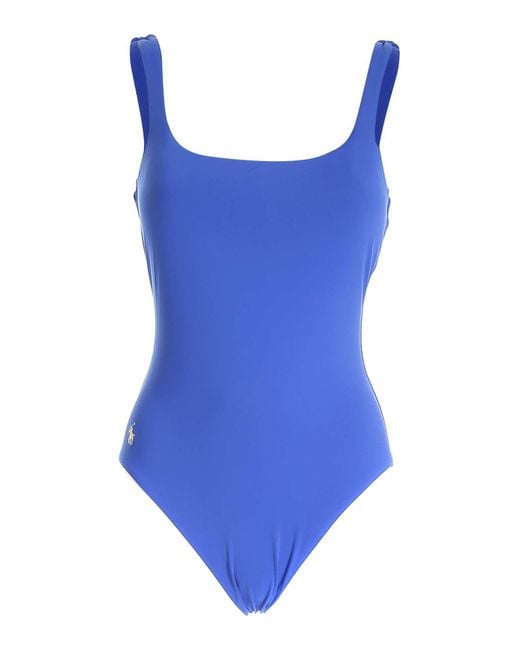 Polo Ralph Lauren Logo One-piece Swimsuit in Blue | Lyst