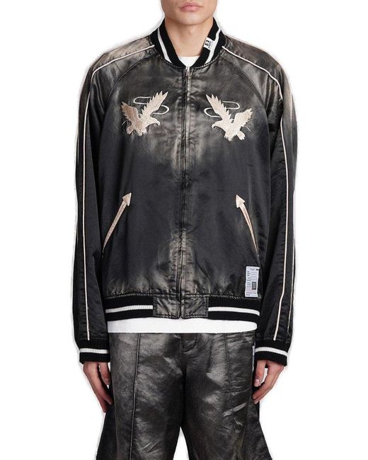 Maison Mihara Yasuhiro Black Embroidered Zipped Satin Bomber Jacket for men