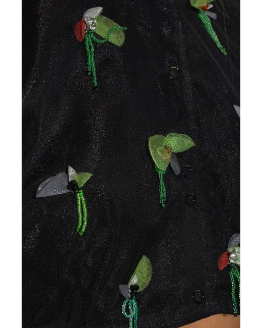 Ganni Black Bead-embellished Crewneck Cropped Blouse