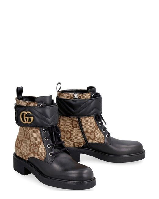 Gucci Logo Plaque Monogram Panelled Ankle Boots in Brown | Lyst