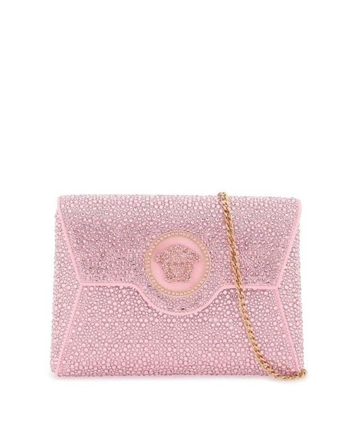 Versace Pink La Medusa Envelope Clutch With Crystals