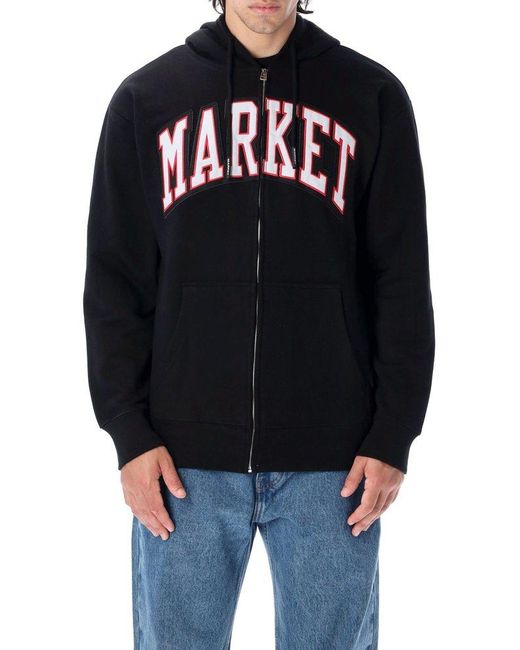 Market Black Logo Embroidered Drawstring Zipped Hoodie for men