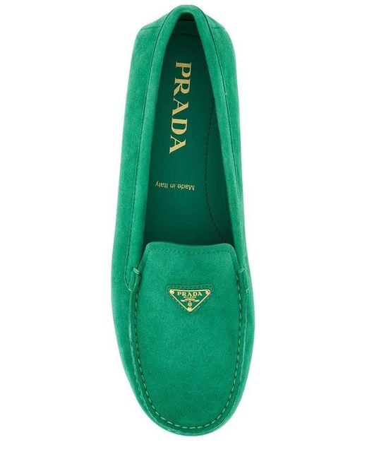 Prada Green Enamel Triangle-logo Suede Loafers - Women's - Calf Suede/calf Leather/rubber