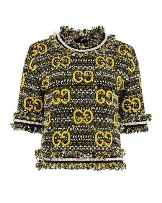 Gucci Green All-over Logo Tweed Knit Top