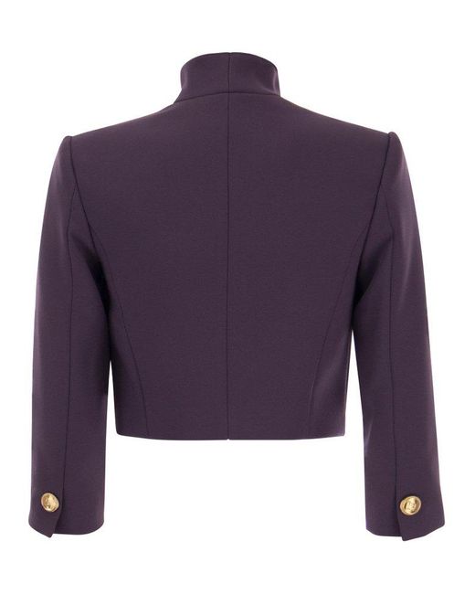 Elisabetta Franchi Blue Crepe Crop Jacket With Stand-Up Collar