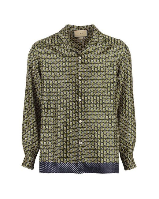 Gucci Green Geometric Interlocking G Print Silk Shirt for men