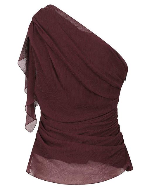 Victoria Beckham Purple Burgundy One-Shoulder Silk Top With Elegant Draping