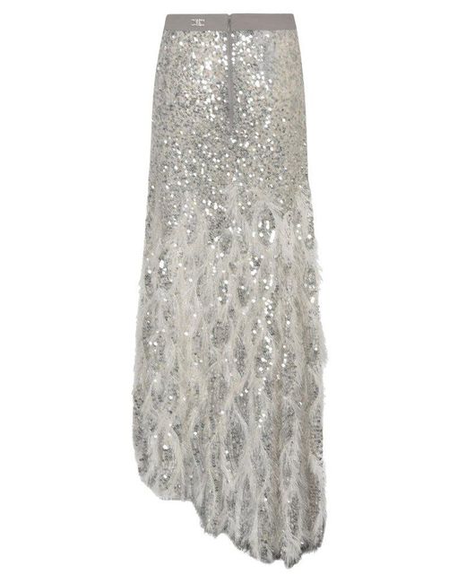 Elisabetta Franchi Gray Tulle Embroidered Long Skirt