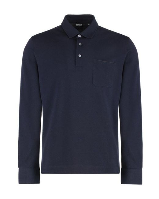 Zegna Blue Long Sleeve Cotton Polo Shirt for men