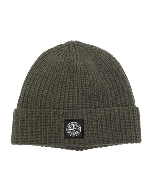 Stone Island Green Logo-patch Ribbed Beanie for men