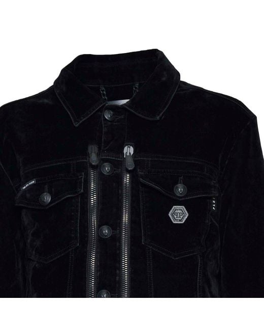 Philipp Plein Blue Logo Embellished Zipped Denim Jacket for men