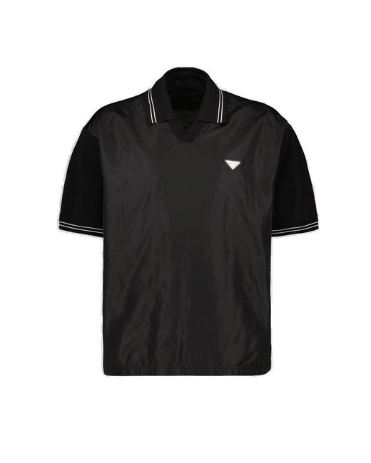 Prada Black Re-nylon Logo Plaque Short-sleeved Polo Shirt for men