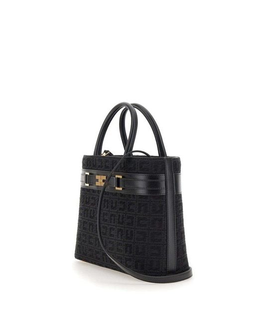 Elisabetta Franchi Black Monogram Jacquard Large Shopper Bag