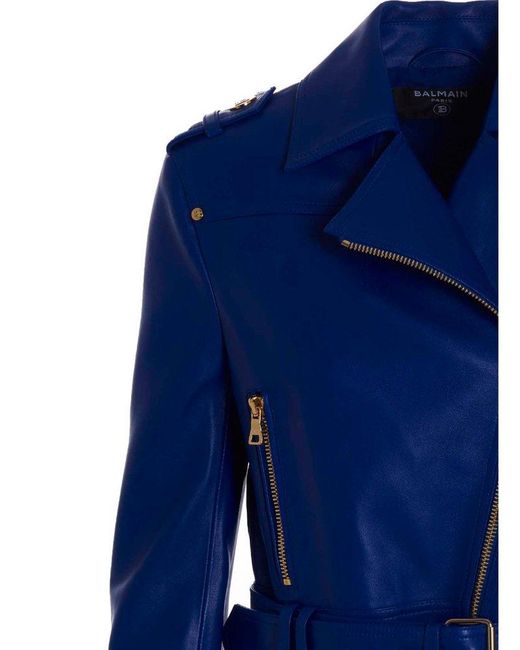 Balmain Blue Leather Cropped Jacket