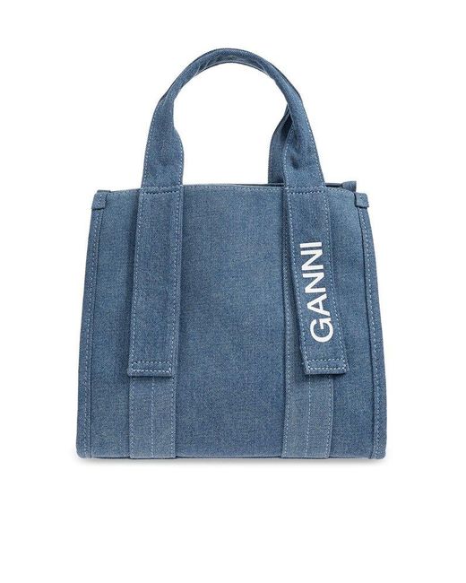 Ganni Blue Tech Logo Printed Denim Tote Bag