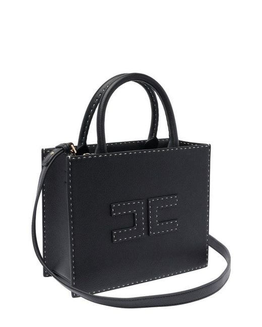 Elisabetta Franchi Black Contrast Topstitched Small Tote Bag