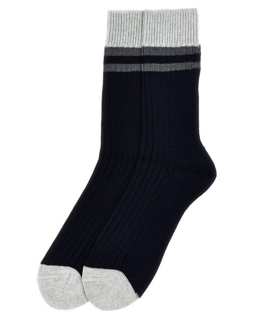 Brunello Cucinelli Black Striped Ribbed-knit Ankle Socks for men