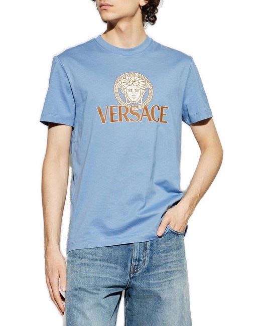 Versace Blue T-Shirt With Printed Logo for men