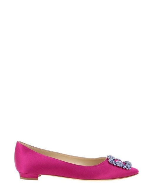 Manolo Blahnik Pink Hangisi Buckle Embellished Slip-on Ballerina Shoes
