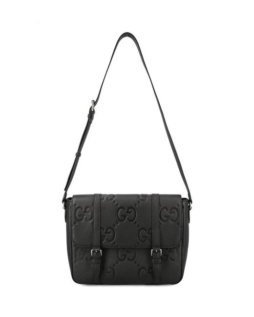 Gucci Black Jumbo GG Medium Logo-debossed Full-grain Leather Messenger Bag for men
