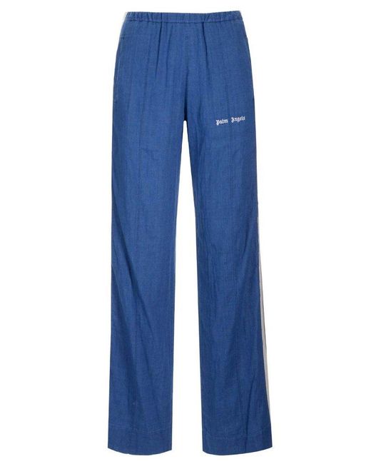 Palm Angels Blue Logo Embroidered Straight Leg Pants