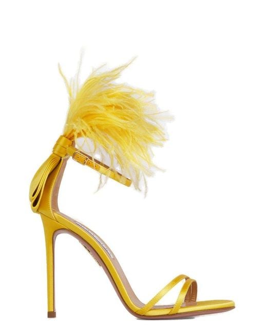 Aquazzura Yellow Concerto Feather Embellished Heel Sandals