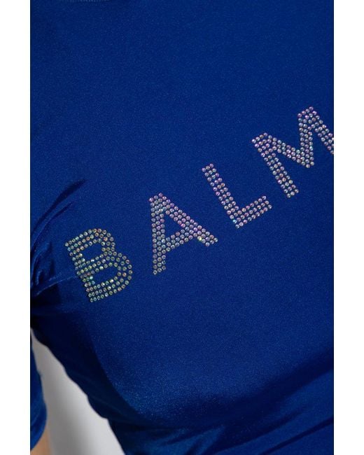 Balmain Blue Logo Embellished Crewneck Swim Top