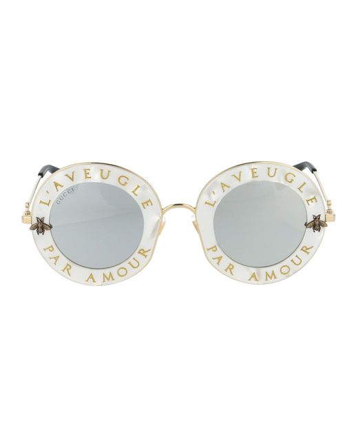 Gucci White Slogan Printed Round Sunglasses