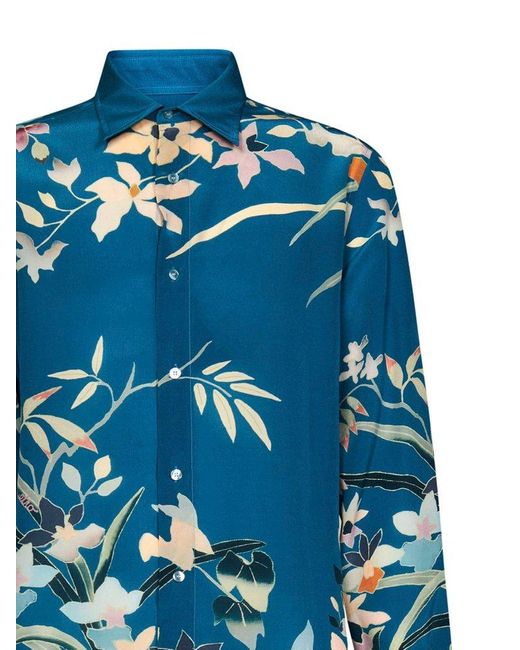 Etro Blue Floral Print Collared Button-up Shirt for men