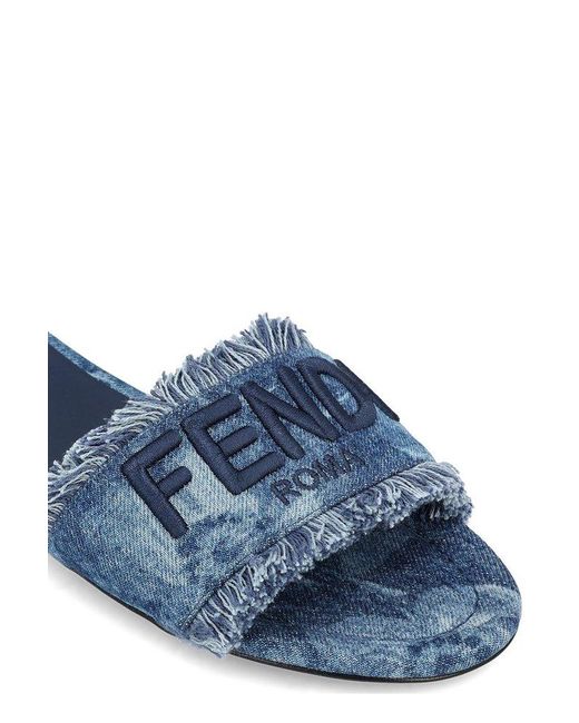 Fendi Sunshine Fringed Denim Slides in Blue | Lyst