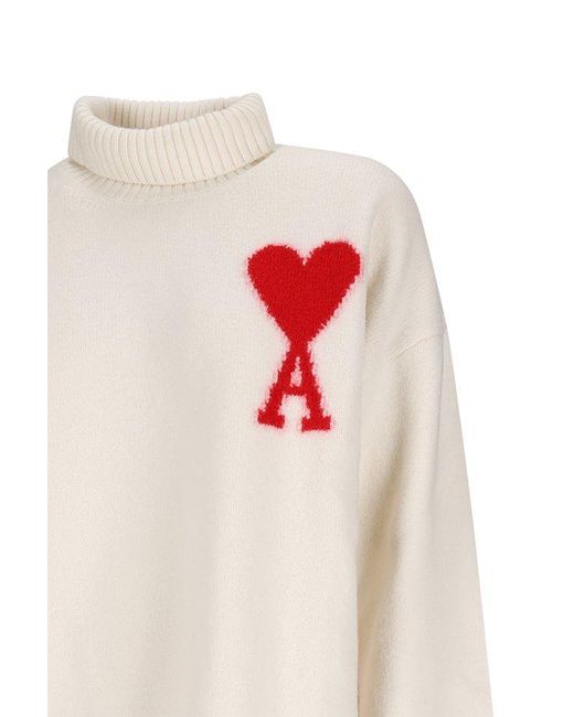 AMI White Paris De Coeur Roll Neck Knitted Jumper