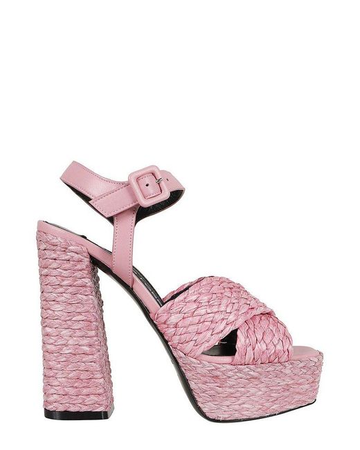 Sergio Rossi Pink Square Open Toe Raffia Platform Sandals