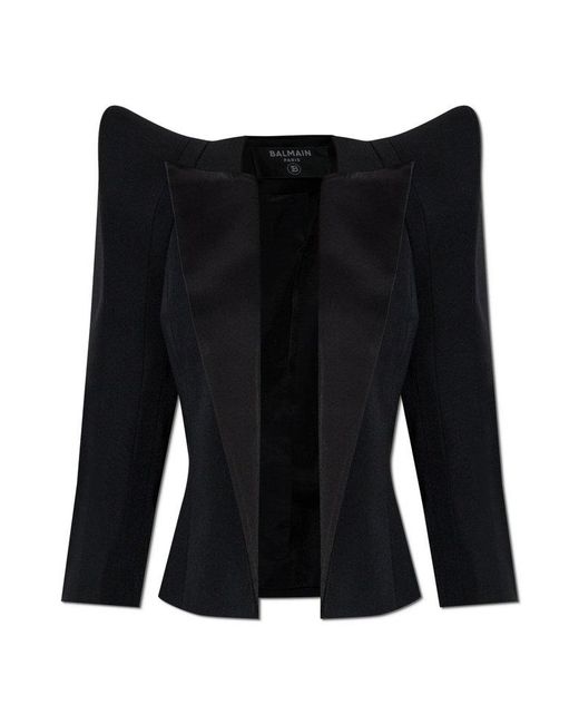 Balmain Black Structured Shoulders Cropped Grain De Poudre Jacket