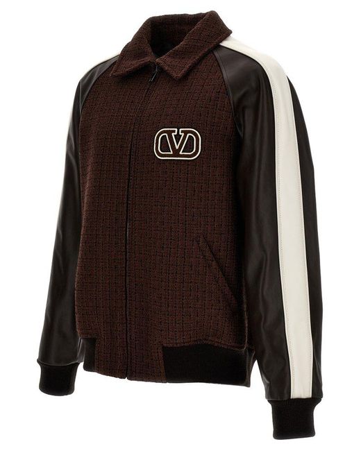 Valentino Brown Logo Motif Embroidered Bomber Jacket for men