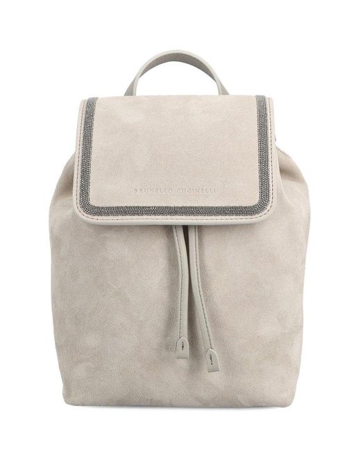 Brunello Cucinelli White Logo Embossed Drawstring Backpack