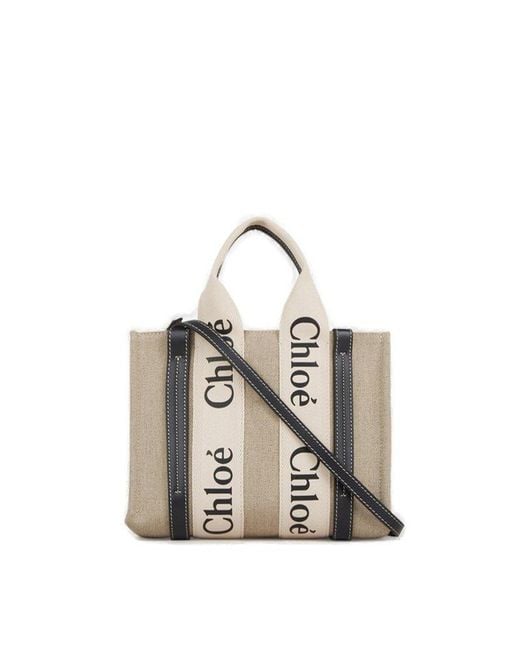Chloé White Woody Logo Tape Small Tote Bag
