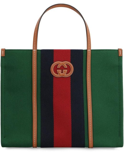 Gucci Green Logo Patch Stripe Detailed Tote Bag