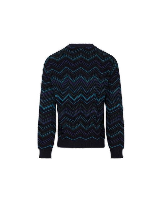 Missoni Blue Zig-zag Pattern Crewneck Knitted Jumper for men
