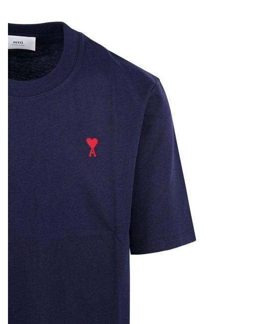 AMI Blue Paris De Coeur Logo Embroidered Crewneck T-shirt for men